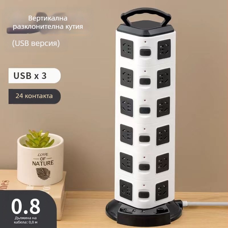 Вертикална USB умна многопортова розетка с дълъг кабел за домашен офис