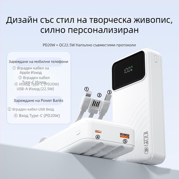 3C сертифициран Power Bank за бързо зареждане, голям капацитет, с вграден кабел, интелигентен дигитален дисплей, PD бързо зареждане, 20000 mAh