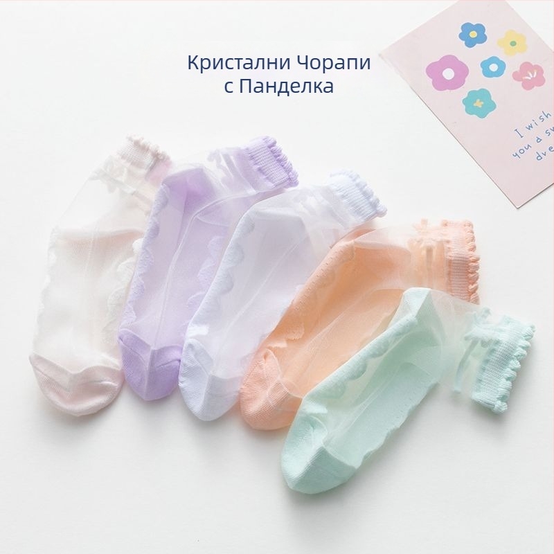 Детски летни чорапи, тънки и прозрачни, с панделка – принцески стил, кристални детайли, памучна подметка