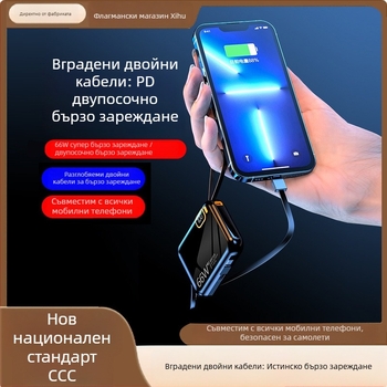 Портативна батерия 10000mAh с вграден кабел, компактна и с голям капацитет, мультяшен дизайн