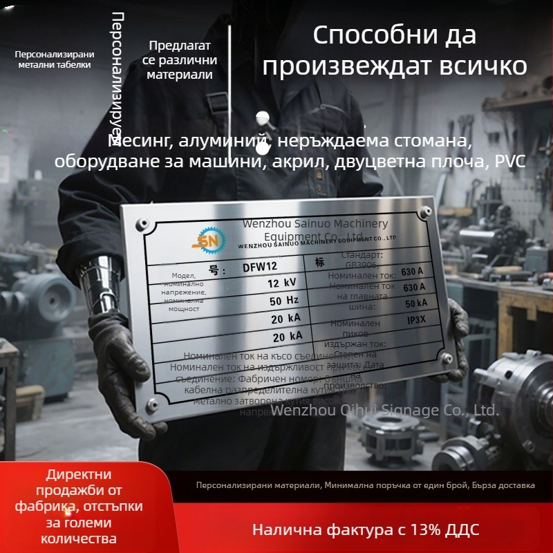 Метални табелки за оборудване с лого: персонализирани надписи от неръждаема стомана, алуминий, месинг, акрил или PVC; двуцветни таблички за лого и идентификация; корозионно екранно печатане и UV маркиране.