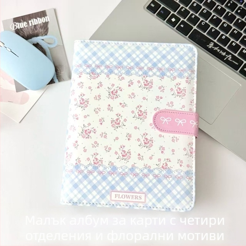 A5 албум за карти със синьо каре и флорални мотиви, магнитно затваряне, подвързия с подвижни листове, четири клетки за карти, женствен стил Инст стил