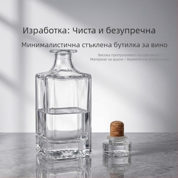 Проста прозрачна бутилка за уиски, 750 ml, удебелено кристално бяло стъкло, коркова тапа