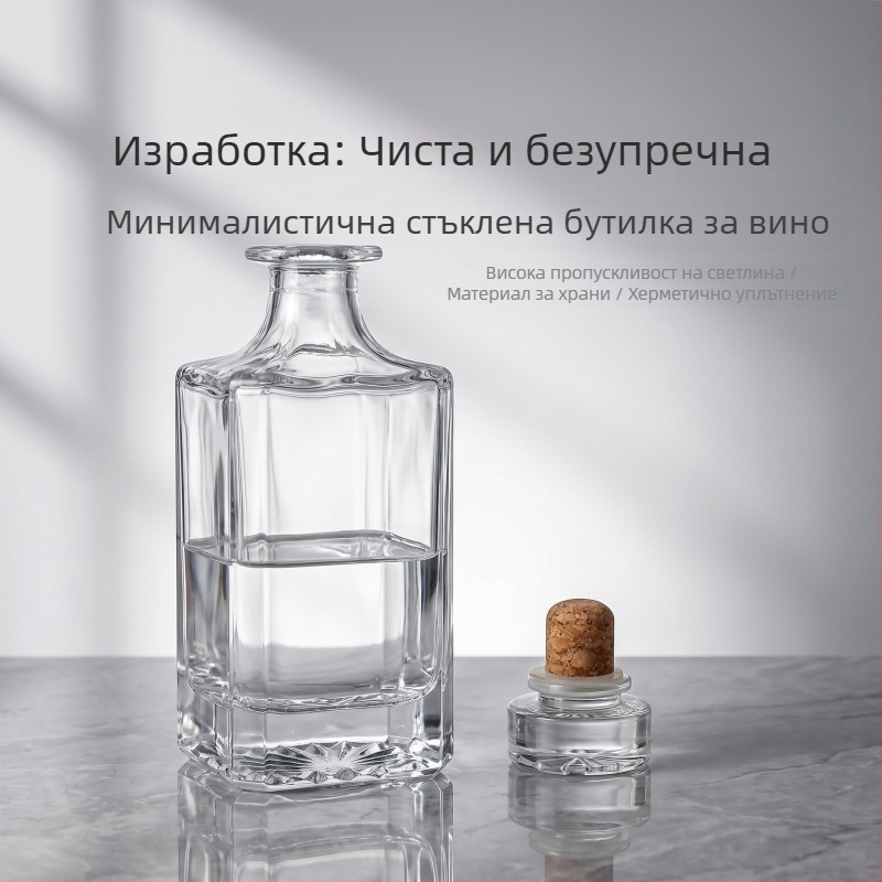 Проста прозрачна бутилка за уиски, 750 ml, удебелено кристално бяло стъкло, коркова тапа