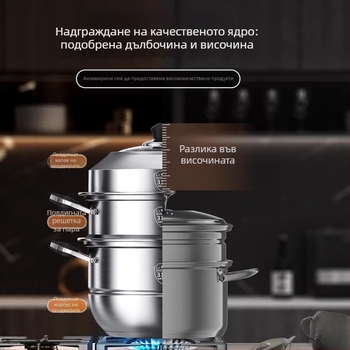 Домашна пароварка от неръждаема стомана в стил рисоварка, хранително-качествена, ултра дебела и повдигната, за пара на пухкави хлебчета, капацитет 3–4 слоя