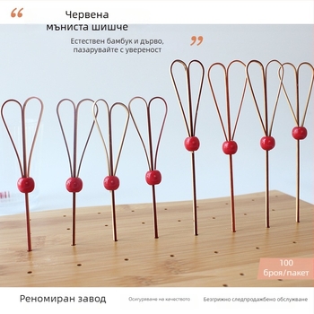 Бамбукови коктейлни клечки с червени мъниста, еднократни, плодови клечки за сервиране, 100 бр., за кафета и ресторанти