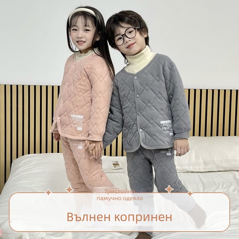 Детски двукомпонентен комплект от вълна и коприна, стил училищна униформация, топло дебело яке и панталони за есен и зима, домашни дрехи.