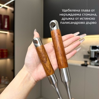 Шпатула за готвене с дървена дръжка и неръждаема стомана с дебела конструкция, за домакинство; шпатула за гъби и пържене, висококачествен кухненски прибор