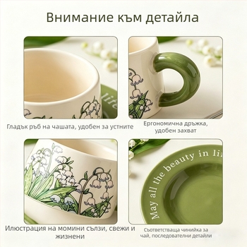 Скандинавски стил комплект чаши за кафе и блюдца, керамичен, флорален мотив момина сълза, подаръчна кутия