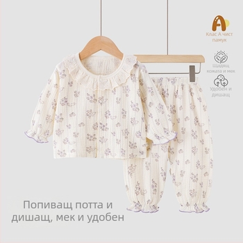 Детски летен двукомпонентен комплект от 100% памук — топ с къс ръкав и къси панталони, лека дреха за домашна и външна употреба