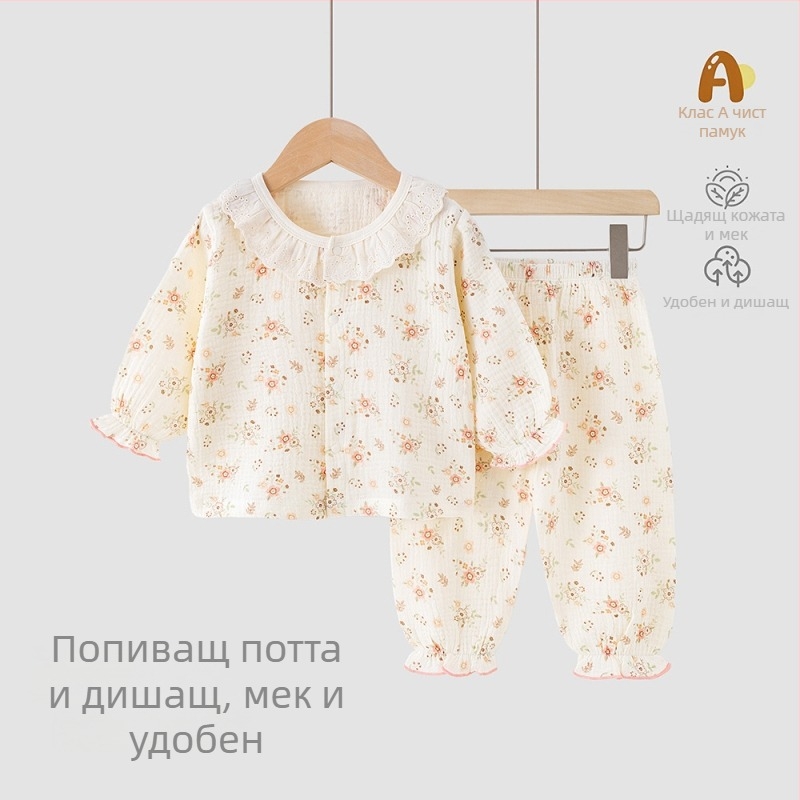 Детски летен двукомпонентен комплект от 100% памук — топ с къс ръкав и къси панталони, лека дреха за домашна и външна употреба