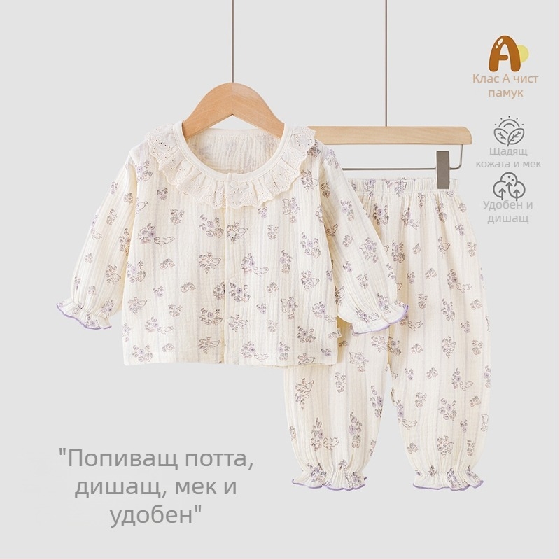 Детски летен двукомпонентен комплект от 100% памук — топ с къс ръкав и къси панталони, лека дреха за домашна и външна употреба