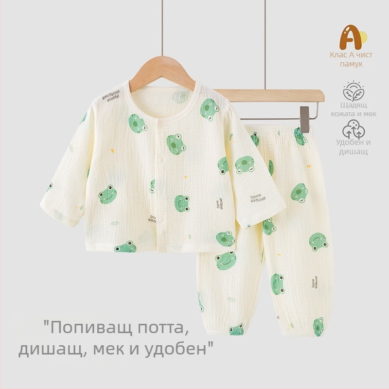 Детски летен двукомпонентен комплект от 100% памук — топ с къс ръкав и къси панталони, лека дреха за домашна и външна употреба