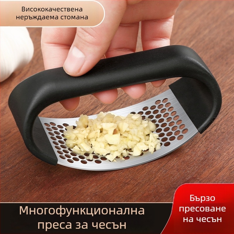 Ръчна преса за чесън от неръждаема стомана, пръстеновиден дизайн, мелач за чесън и обелвач