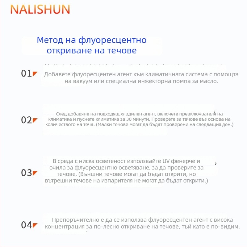 Комплект за откриване на течове в автомобилния климатик с флуоресцентен лилав реагент, 4 части