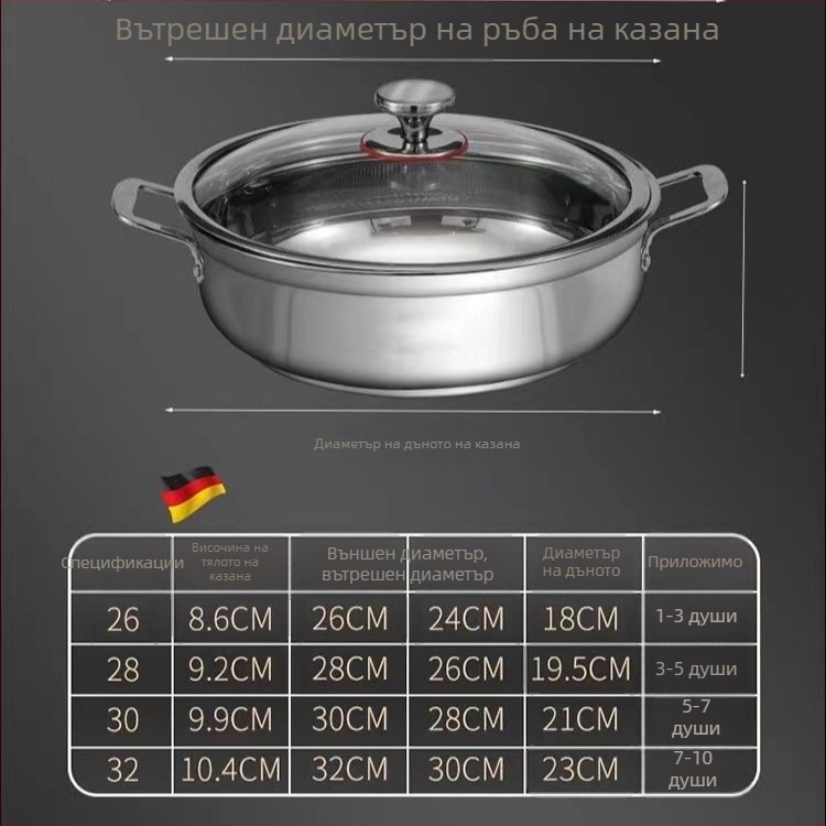 Удебелена тенджера от неръждаема стомана за домашна употреба, съд за супа, съвместима с газова печка и индукционен котлон, незалепваща, за шабу-шабу