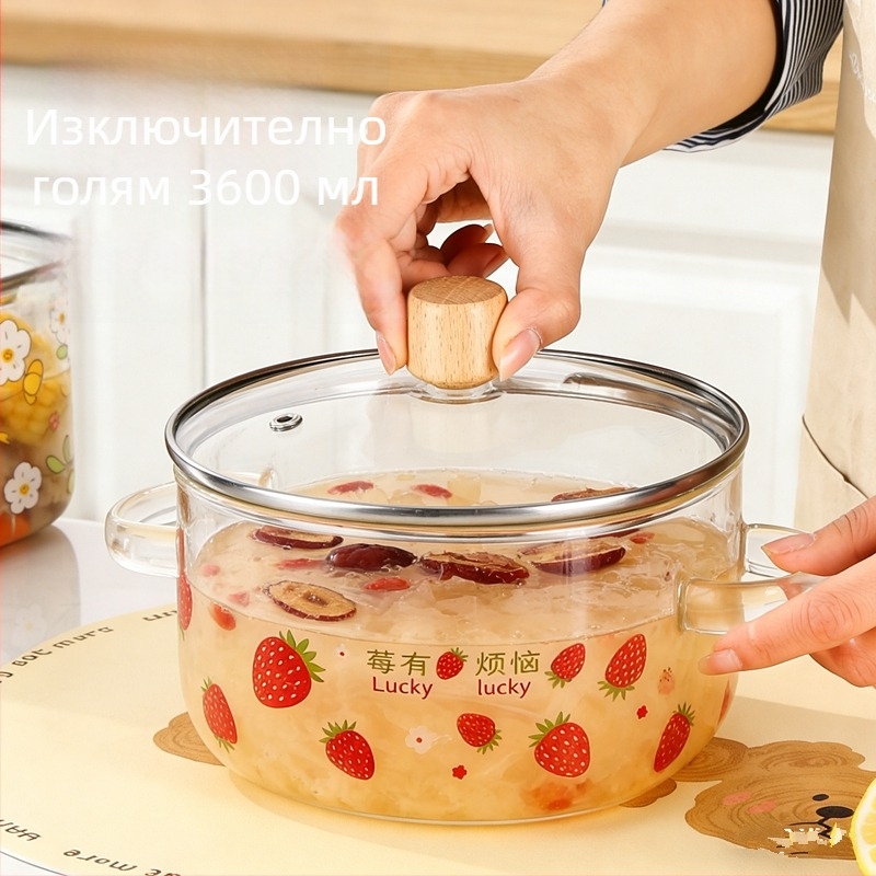 Тенджера за яхнии и супи от боросиликатно стъкло, 3600ml, ултра голям капацитет, устойчива на високи температури, подходяща за открит огън, домашна, опростен дизайн