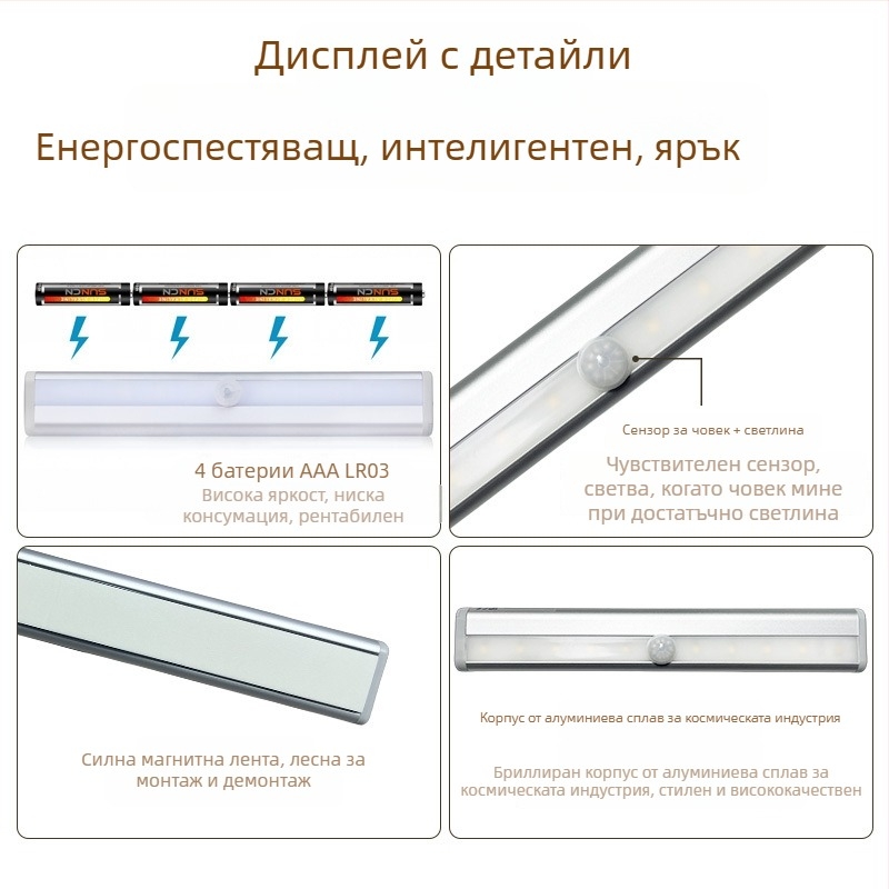 Безжично LED осветление с инфрачервен датчик за движение, шкафно осветление, светва при приближаване, за стълбища и коридор