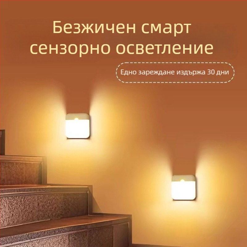 Магнитна LED лампа с датчик за движение – нощна светлина за стълбище, презареждаща лампа за нощно шкафче