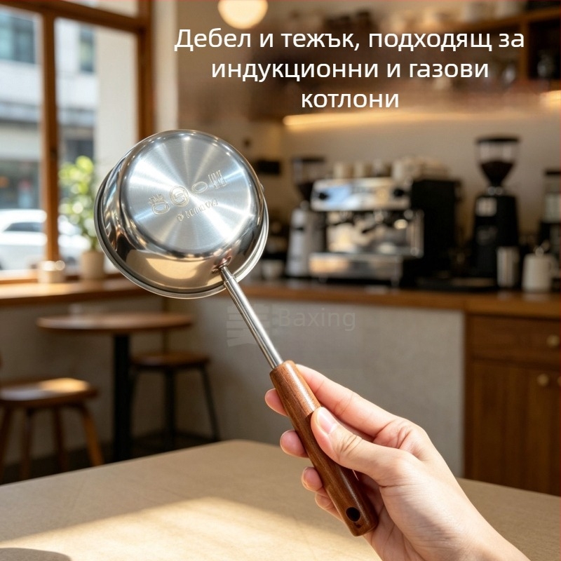 304 неръждаема стомана, дълга дръжка — съд за наливане на масло, кухненска посуда за загряване на мляко и пържене на яйца