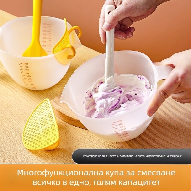 Купа за украса на торти и оцветяване на крема, с филтърна мерителна чашка и купа за разбъркване и разбиване на глазура от паста от червен боб – домашно печене