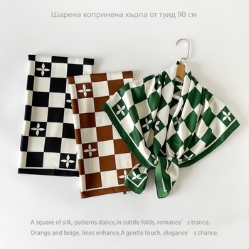 Памучно-ленен каре печатен шал, квадрат 90x90 см, твил, дамски шал