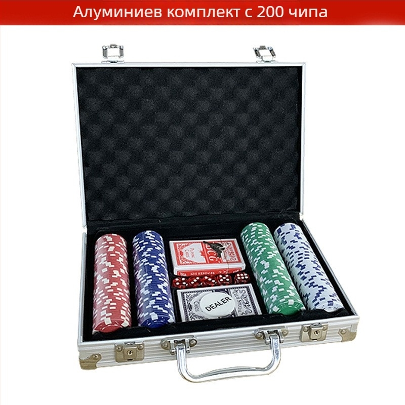 Чипсет за покер Texas Hold'em със зарове, заключващ се алуминиев кейс, 100/200/300/500 чипове