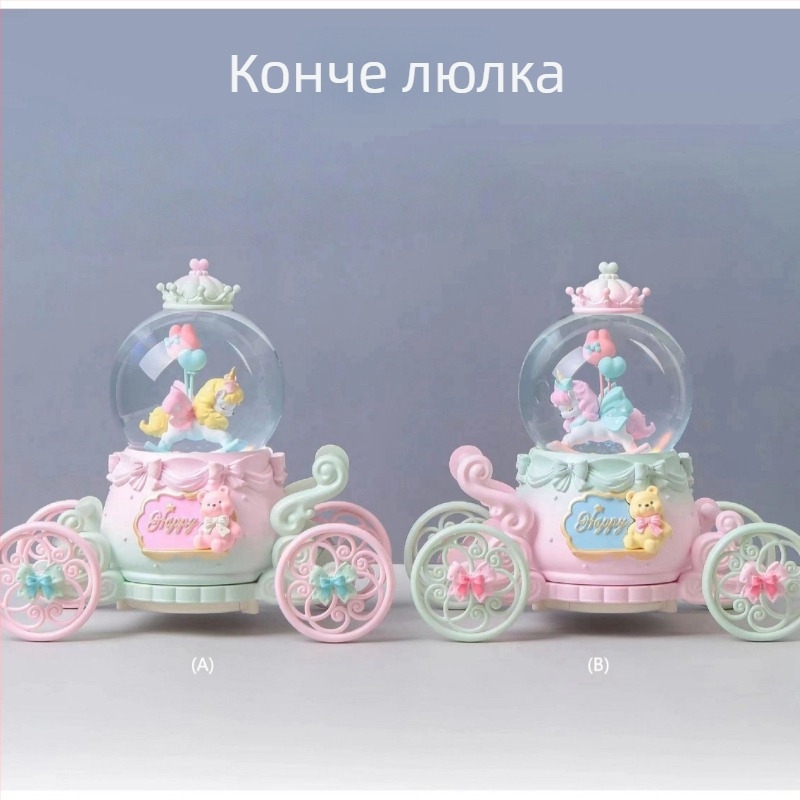 Сладък женствен дизайн: елен в каляска със цветя, кристална топка, карикатурна музикална кутия, настолен декор и подарък за рожден ден