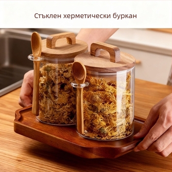 Стъклен герметичен буркан с дръжка и лъжичка за съхранение на чай и зърнени култури