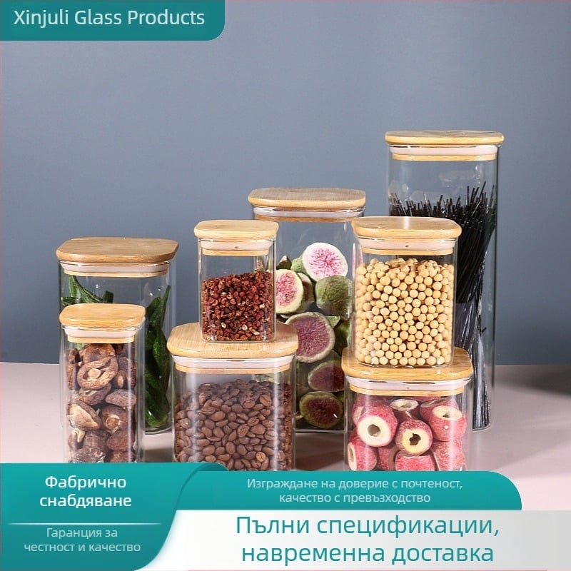 Квадратен стъклен буркан за съхранение с капак от бамбук, прозрачен, стъкло с високо боросиликат за зърна и зърнени култури