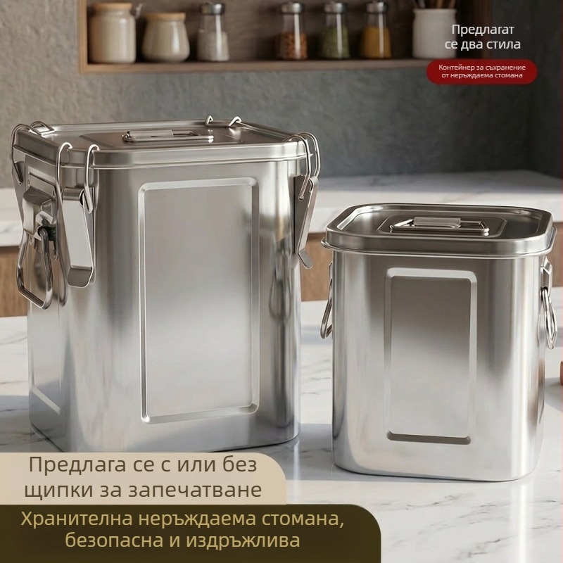 Удебелен неръждаем стоманен херметично запечатан квадратен контейнер за съхранение с двойни дръжки, 9–10 л, влагоустойчив и против насекоми, за ориз, чай и сушена мандаринова кора