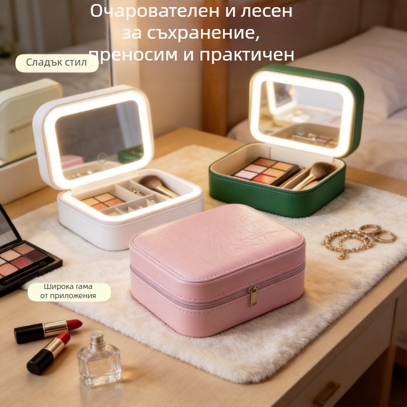 Мини чанта за грим с LED огледало, преносим козметичен организатор за пътуване