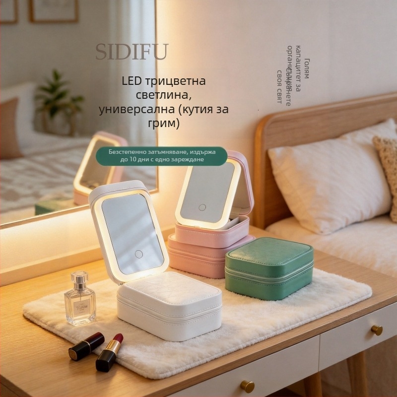 Мини чанта за грим с LED огледало, преносим козметичен организатор за пътуване