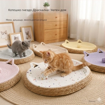Овално котешко гнездо с интегрирана дъска за драскане, дишащо, издръжливо, без линяне на козина, за всички сезони
