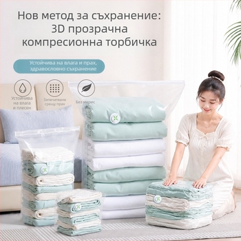 Прозрачна триизмерна вакуумна торба за компактно съхранение на завивки и облекло