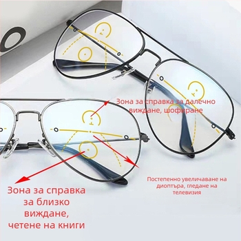 HD Focus очила за пресбиопия, кръгла винтидж рамка, фотохромни лещи, двойно използване за далечно и близко виждане, за възрастни мъже