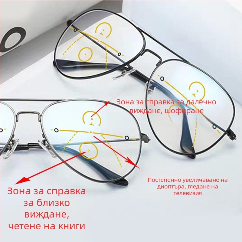 HD Focus очила за пресбиопия, кръгла винтидж рамка, фотохромни лещи, двойно използване за далечно и близко виждане, за възрастни мъже