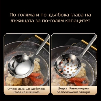 Лъжичка за супа с дълга дръжка от неръждаема стомана и вградена цедка за горещ пот