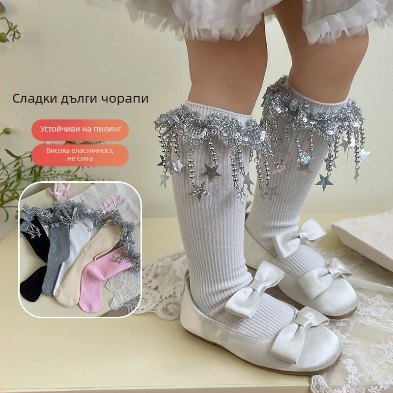 Детски чорапи за момичета, средна дължина, пролетно-есенни, жакардова плетка, петзвездна двойна игла, памук