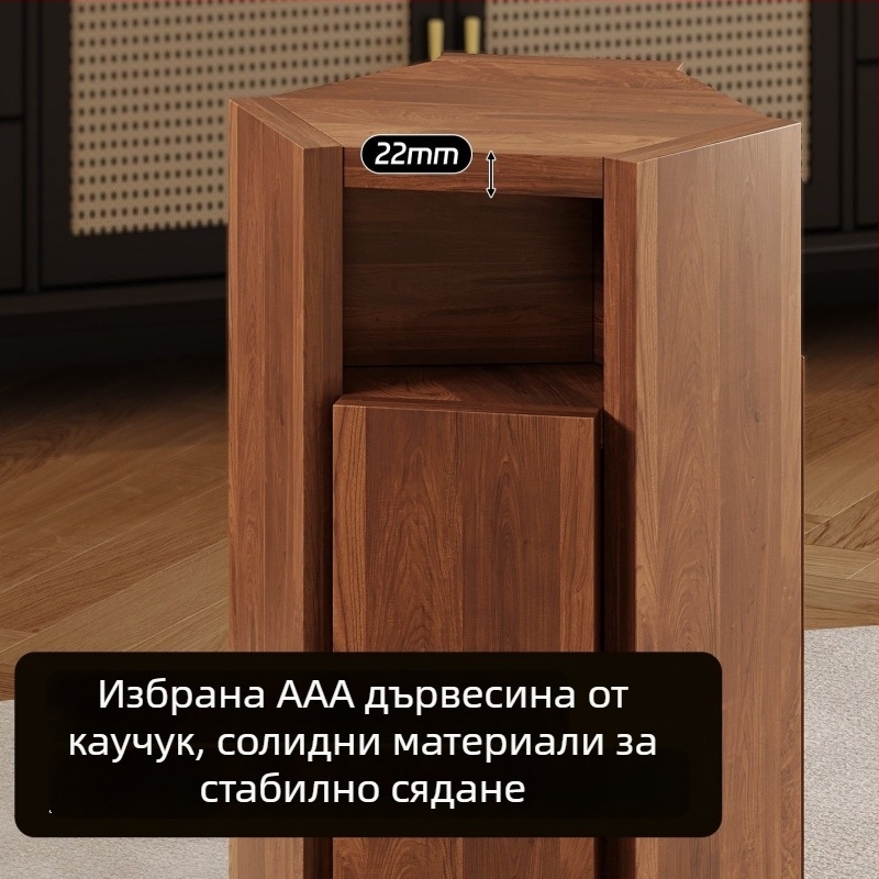 Дървен висок табурет от масивно дърво, подреждащ се комплект: кръгъл табурет и странична масичка
