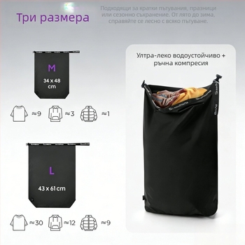 Вакуум чанти за компресия за пътуване, ръчна преса, водоустойчив нейлон, съхранение на дрехи