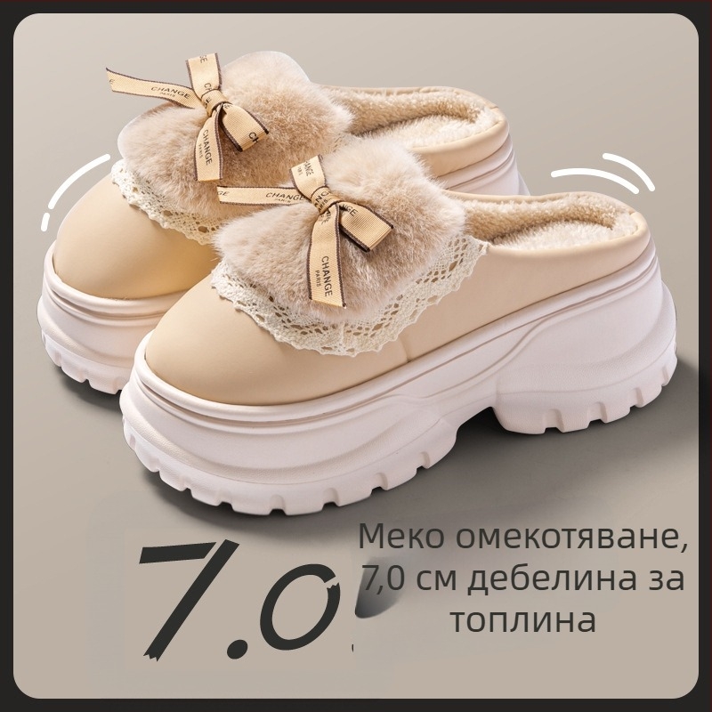 Женски платнени пантофи с панделка за вкъщи, есен-зима 2024, дебела подметка, топли и пухкави, противохлъзгащи