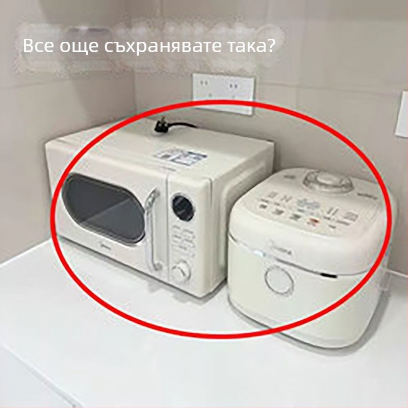 Разширяем стелаж за съхранение на кухненски уреди: микровълнова печка, оризовар и фурна, подходящ за плот — модерен минималистичен стил