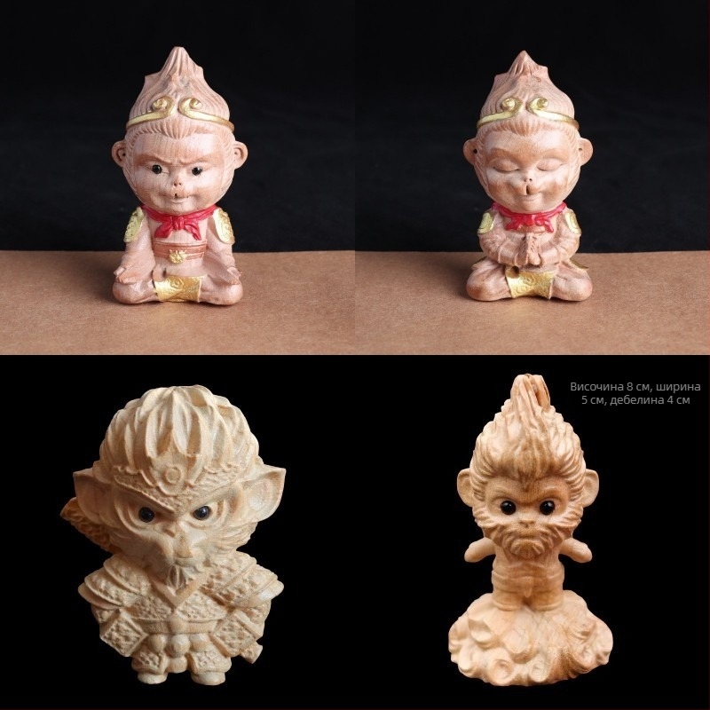 Monkey King от прасковено дърво, настолен декоративен елемент, дърворезба Sun Wukong