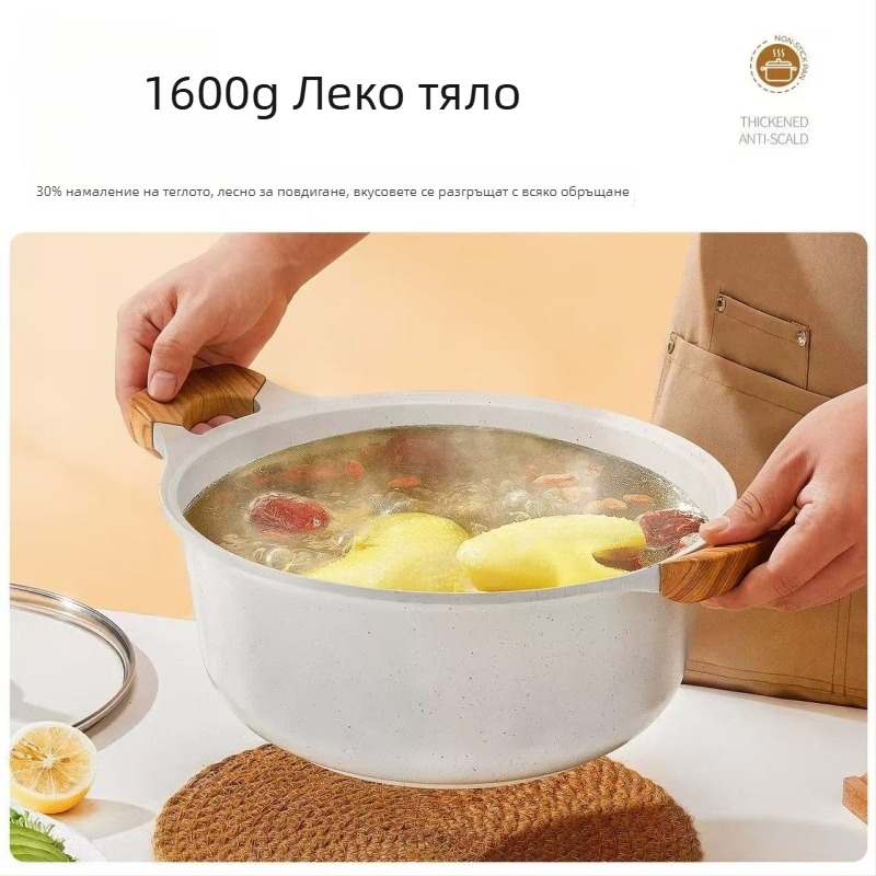 Маифан камък съд за супа с титаново незалепващо покритие, мултифункционален съд за яхния, тиган, пара, каша и мляко; съвместим с индукция и газ.