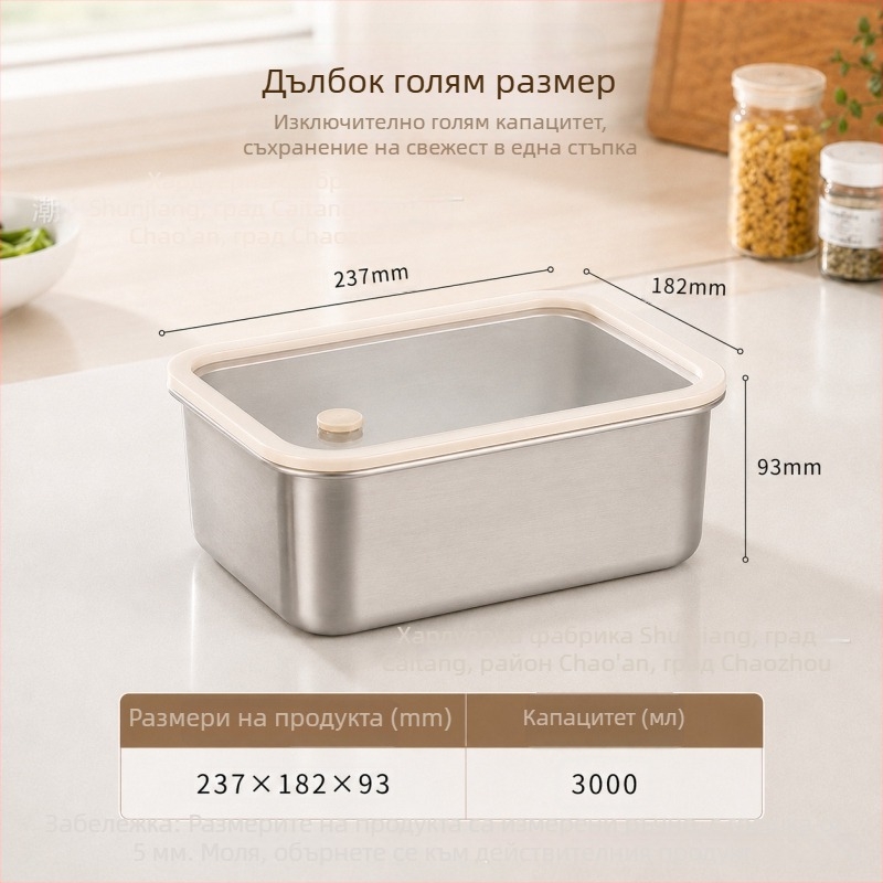 304 неръждаема стомана, кутия за свежест, съд за съхранение в хладилник, хранителна кутия със стъклен капак и силиконов уплътнител, кутия за обяд