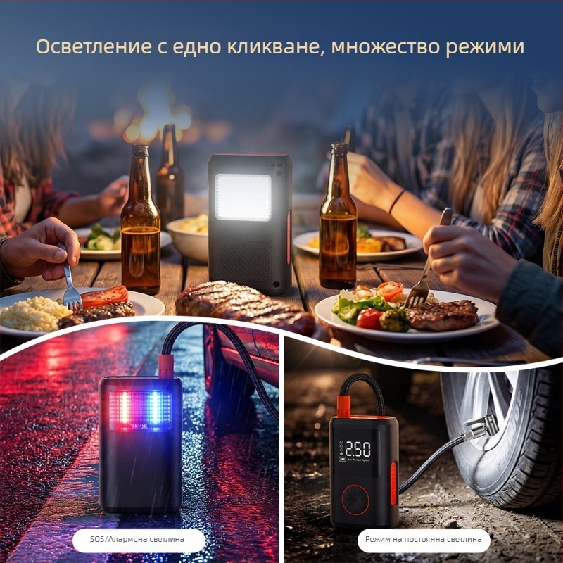 Безжична автомобилна помпа за надуване с преносим дизайн, цифров LCD дисплей, аварийно осветление, измерване на налягането на гуми, USB зареждане