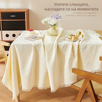 Памучно-ленена покривка за маса, френски стил за десертна и кафе маса, правоъгълна покривка против прах с мрежеста шарка