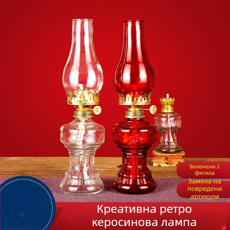 Керосинова лампа за къмпинг на открито, ретро стил, голяма, със стъклен абажур