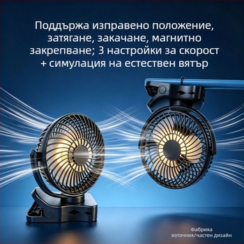 USB клип-вентилатор за бюро с магнитна нощна светлина, компактна 4-в-1: стойка, закачалка, клип и магнит